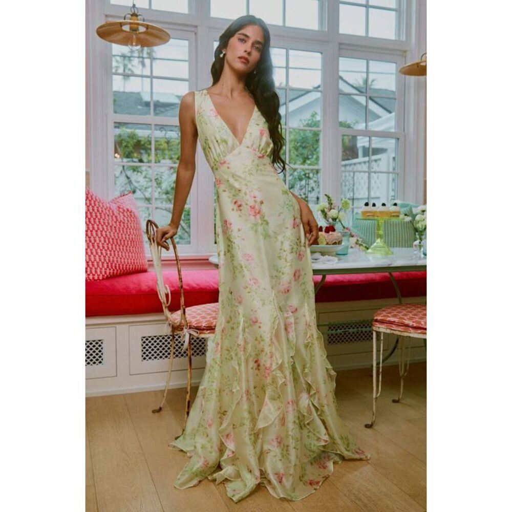 Lulus Deluca Cream Floral Sleeveless Ruffled Maxi Dress White - Size L
